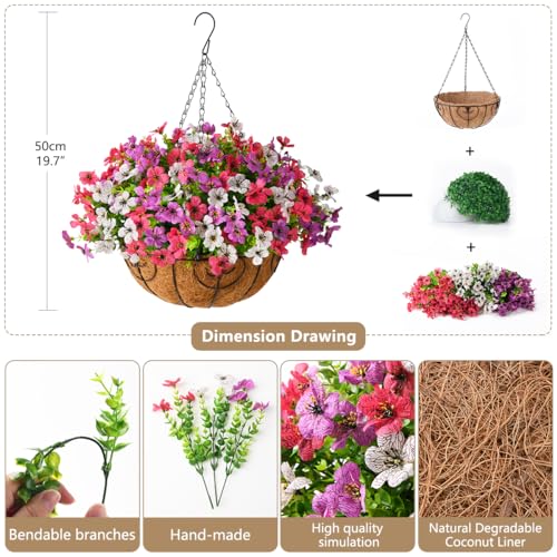 Artificial Hanging Flowers Basket for Outdoor, UV Resistant Plants Daisy - color: Purple White Rose