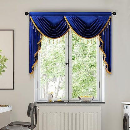 ELKCA Luxury Royal Blue Velvet Curtain Valances for Living Room with Beads(59inch,1 Panel) - color: Royal Blue, size: 59"W x 43"L (Pack of 1)