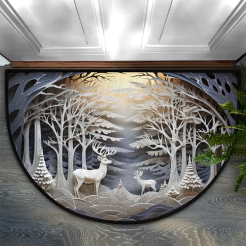 cfpolar Christmas Winter Scene Reindeer Half Round Door Mat Indoor Entrance Half Circle Area Rug Semi Circular Door Mat Half Moon Rug for Floor Bathroom Living Room Bedroom Kitchen Fireplace 24"x36" - color: A-04