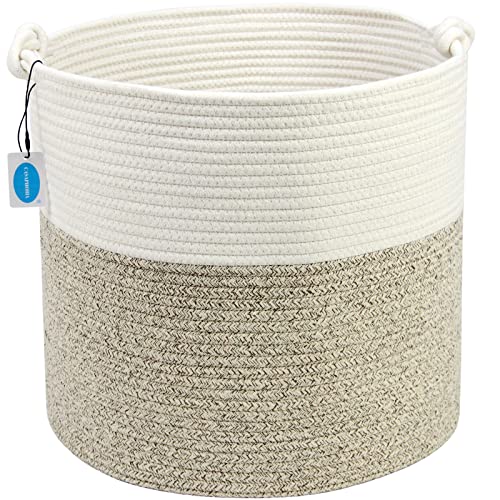 Casaphoria Natural Woven Cotton Rope Storage Basket for Organizing Towels Blanket Laundry Baskets for Bathroom,Tall Laundry Basket for Bedroom,Bicolor Round Woven Hampe with Handles for Living Room - color: White & Brown