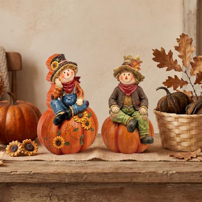 Yuntau 2 Pcs Fall Scarecrows Figurines Wooden Thanksgiving Table Decor - style: Fall Scarecrows