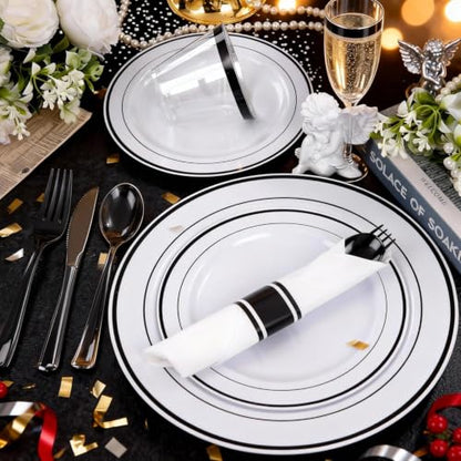 WELLIFE 210Pcs Black Plastic Dinnerware with Pre Rolled Napkins, Include:30 Dinner Plates, 30 Dessert Plates, 30 Paper Napkins, 30 Cups, 90 Plastic Cutlery - color: Black, style: 210PCS（30 Guests）