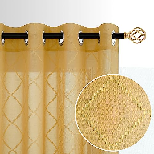 Gold Yellow Grommet Sheer Curtains 63 Inch Length for Bedroom 2 Panels Set Mid Century Modern Boho Geometric Diamond Embroidered Trellis Quatrefoil Patterned Curtains 63 Inches Long for Living Room - color: Gold, size: 52"W x 63"L (Pack of 2)