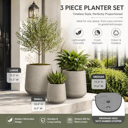 Kante 3-Pack 16.5" 13" 9.4" W Round Weathered Concrete Planters - color: Weathered Concrete, size: 16.5"+13"+9.4" Dia