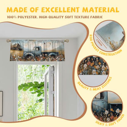Farmhouse Truck Valance Curtain for Windows 2 Pack Rustic Country Flower Butterfly Rod Pocket Printed Curtain Valances Short Tier Curtains for Living Room Bathroom Bedroom 54x18 Inch - color: Farmhouse Truck