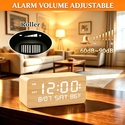 Andoolex Wooden Digital Alarm Clock with Wireless Charging, 0-100% Adjustable Brightness Dimmer and Alarm Volume, Weekday/Weekend Mode, Dual Alarm, Snooze, 12/24H, Wood LED Clock for Bedroom (Bamboo) - color: Bamboo