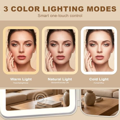 Trifold Makeup Mirror with Lights, 3000mAh Vanity Mirror | 3X/2X/1X Magnification Suction&Stand Base, 360° Adjustment Rechargeable Mirror for Travel/Bedroom/Dorm, Gifts for Women