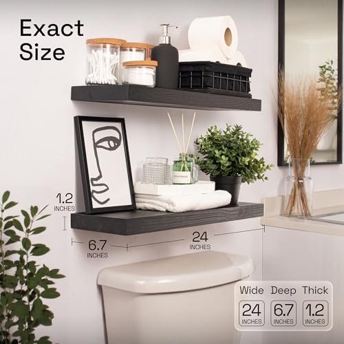 Solid Wood Floating Shelves for Wall 24 inch Black, Wooden Bathroom Shelf - color: Black, size: 24 Inch