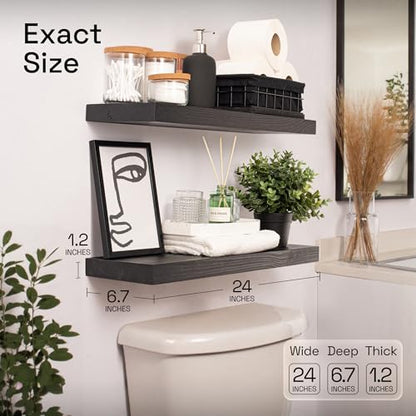 Solid Wood Floating Shelves for Wall 24 inch Black, Wooden Bathroom Shelf - color: Black, size: 24 Inch