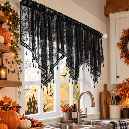 Molaxhome Swag Curtain Scalloped Curtain Valance Drape Sheer Lace Panel 1pc - color: Lace Black