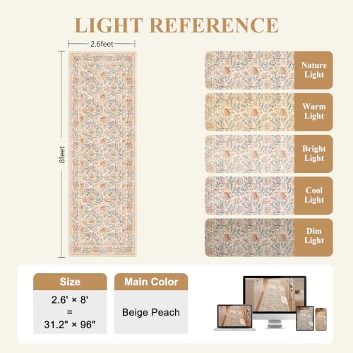 DUKINO 2.6x8 Runner Rug, Washable Vintage Floral Kitchen Runners Rug, Beige - color: Beige Peach, size: 2'6" x 8' (Rectangular)