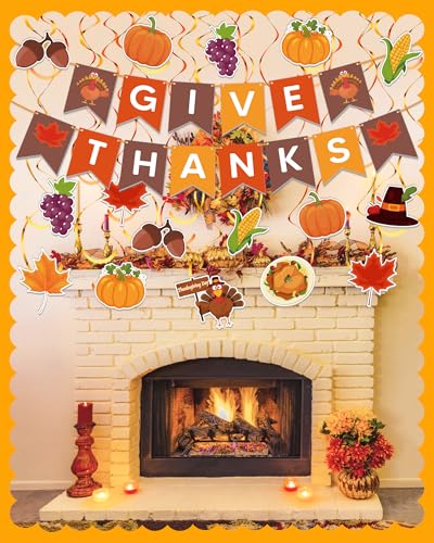 Kidific 45 Pcs Thanksgiving Decorations, GIVE THANKS Banner with Hanging Swirls for Indoor Wall, Friendsgiving Decorations for Party Office Home Classroom