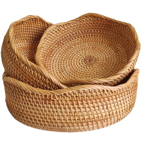 Rattan Bread Basket, Hand Woven Fruit Basket, Wicker Serving Basket Bowl, Decorative Baskets for Kitchen Counter Organizing, Set of 3 (Wave) - color: Wave