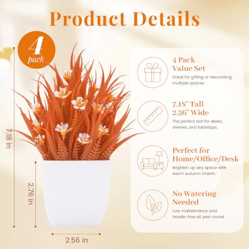 Der Rose 4 Pack Fall Fake Flowers Mums Artificial Plants in Pots Home Decor - color: Orange