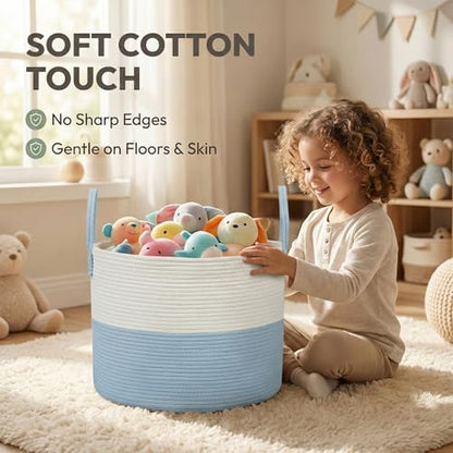 JMvicyroam 115L Extra Large Machine Washable Cotton Rope Blanket Basket - color: White&Blue, size: 115L