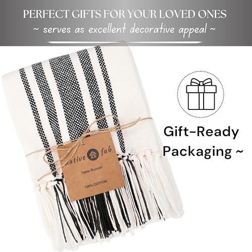 Native Fab Black Stripe Table Runner - 72 Inches Long Boho Table Covers with Fringes - 100% Cotton, Braided Weave, Non Slip Tablerunner for Dining Room, Dresser, Events, 14"x72" - Black and White - color: Black White, size: 14x72