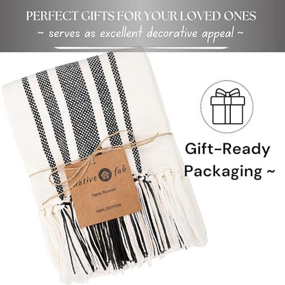 Native Fab Black Stripe Table Runner - 72 Inches Long Boho Table Covers with Fringes - 100% Cotton, Braided Weave, Non Slip Tablerunner for Dining Room, Dresser, Events, 14"x72" - Black and White - color: Black White, size: 14x72