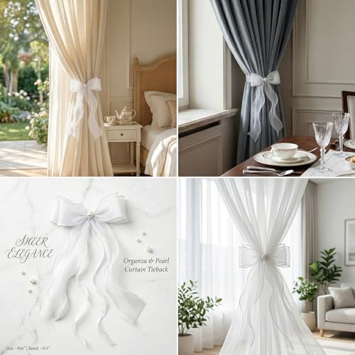 White Lace Bow Curtain Tiebacks 6-Pack, Vine Floral Curtain Holdbacks - color: Sheer White