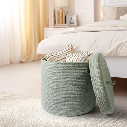 Storage Basket with Lid, Woven Blanket Storage for Living Room, Cotton Rope Bin with Lid, Round Wicker Laundry Basket with Cover, Lidded Kid Dog Toy Box, Nursery Organizer, 15"x13", Green