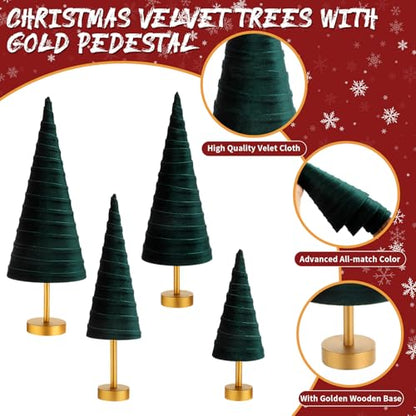 Hoolerry 4 Pcs Christmas Velvet Trees with Gold Pedestal, Green - color: Green