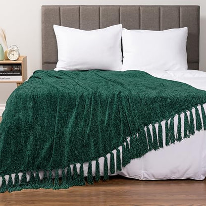 PAVILIA Chenille Throw Blanket, Knit Sofa Couch Tassel Throw, Green 50x60 - color: Emerald Green, size: 50 X 60 Inches - Throw