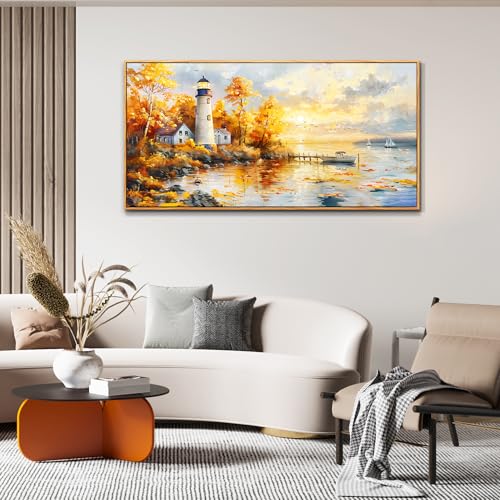Large Framed Sunset Beach Canvas Wall Art Boat Lighthouse Seascape Painting - color: Lighthouse Painting Wood Framed, size: 48"L x 24"W