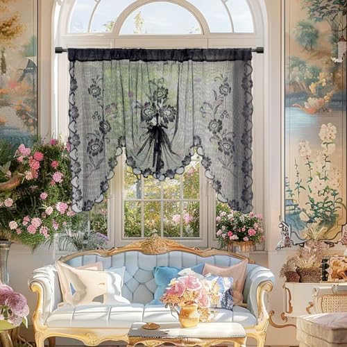 2pcs Black Floral Embroidery Tie-up Sheer Lace Curtain Valance - color: Black, size: 59"W x 39"L (Pack of 2)