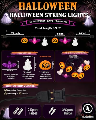 8.5FT Halloween Pumpkin Bat Ghost Lights, Plug-in 10 LED Decor - color: Pumpkin Ghost Bat Lights
