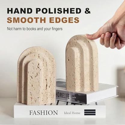 Natural Marble Book Ends - Heavy Duty Bookends for Shelves - Aesthetic Layered Arch Design Stone Book Holders, Unique Modern Office Bookshelf Stopper Decor for Books/CDs(Travertino Turkey) - style: Arched-Beige
