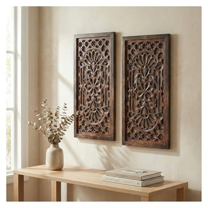 Wood Wall Art Panels, Hand Carved 12x24" Set of 2, Burnt Brown Cutwork - color: Burnt Brown, size: 24"L x 12" W - Flower