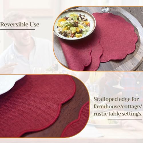 AHHFSMEI Round Scalloped Placemats Set of 6 15 Inch Faux Linen - color: Burgundy Red