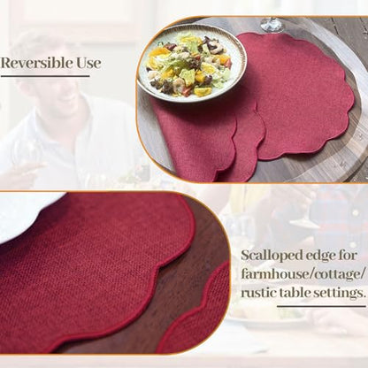 AHHFSMEI Round Scalloped Placemats Set of 6 15 Inch Faux Linen - color: Burgundy Red