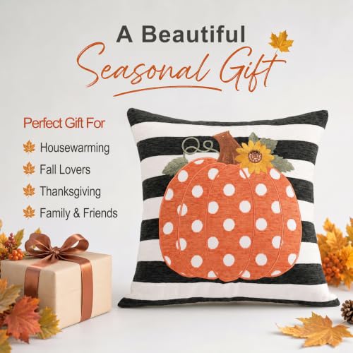 Fall Pillow Covers 18x18 Set of 2, Embroidered Orange Pumpkin - color: Black & White Stripe Pumpkin（appliqué）, size: 18" x 18" (Pack of 2)