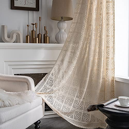 Boho Curtains for Living Room Retro Cotton Crochet Curtains for Girls Room Farmhouse Knitted Lace Curtain Panels for Bedroom Rod Pocket Hollow Sheer Window Drapes for Doorway 1 Panel W59 X L87 Inch - color: Beige, size: 59"W x 87"L (Pack of 1)