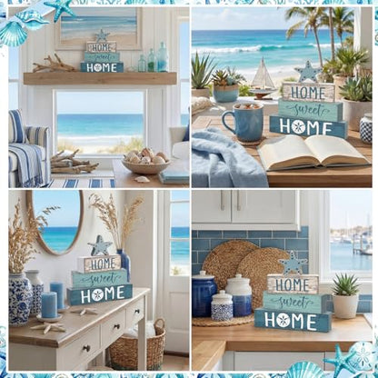 Cinnvoice 4 Pcs Beach Summer Starfish Wooden Block Coastal Tiered Tray - style: Starfish