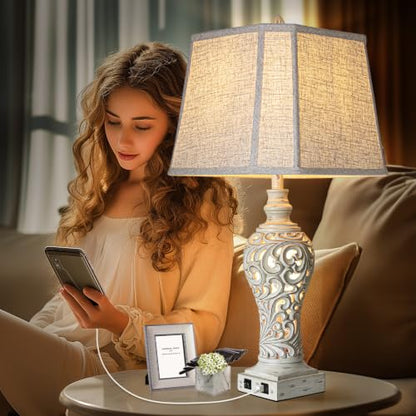 LuxSight Collection 32" Table Lamp Set of 2 with Nightlight and 2 USB Ports - color: Cream-Set of 2, size: 32 inch