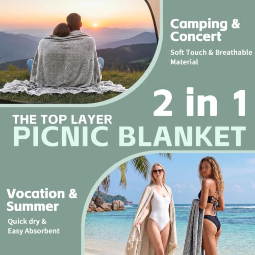 RYCHIC 2 in 1 Extra Large Boho Beach Blanket Towel Picnic Rug Camp Mat Family Beach Trip Essentials Summer Vacation Must Have Travel Accessories Lake Day Necessities Stuff Need Gear Gift Gadget 2026 - color: Grey, size: 70''*70''