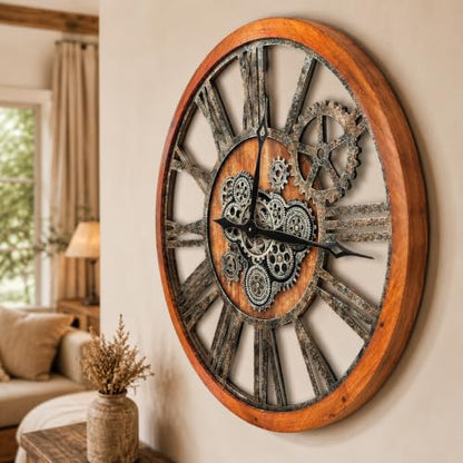 The B-Style Large Wall Clock 30 inch Brown and Bronze - color: Brwon With Bronze Gears, size: 30 inch (76 cm)