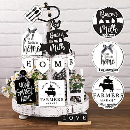 Fairysandy 11 Pcs Home Tiered Tray Decor Black White Rustic Wooden Signs - style: Rustic