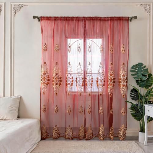 Amidoudou Rod Pocket Curtains European Luxury Sheer Embroidered Curtains for Living Room Bedroom (Red,52" W x 96" L (Pack of 2)) - color: Red, size: 52"W x 96"L (Pack of 2)