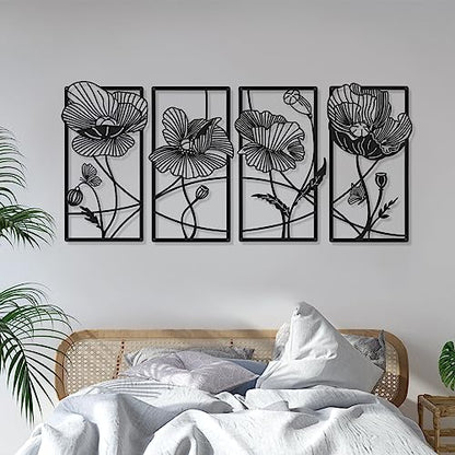 4 Pcs Black Metal Flower Wall Art Minimalist Floral Decor, Elegant - style: Elegant