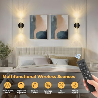 Battery Operated Wall Sconces Set of 2, 10000mAh Rechargeable Wall Light - color: Black, size: 12 inch