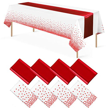 8Pack Disposable Plastic Tablecloths and Satin Table Runner Set White and Red Dot Tablecloth Red Satin Table Runner for Wedding Birthday Baby Shower Anniversary Christmas New Year Party Supplies - color: White and Red, size: 8 Pack