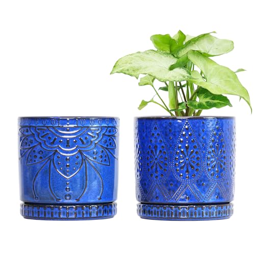 Ceramic Pots for Indoor Plants with Drainage Holes and Saucers, Ceramic Planter for Plants, Flower Pot - Set of 2 - color: Blue, size: 6Inch+6Inch