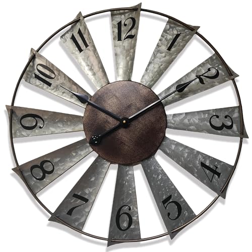 Evursua 24 Inch Modern Farmhouse Clock Large Metal Windmill Clock for Walls Indoor Outdoor Home,Galvanized Metal Decor Wall Clock Distressed