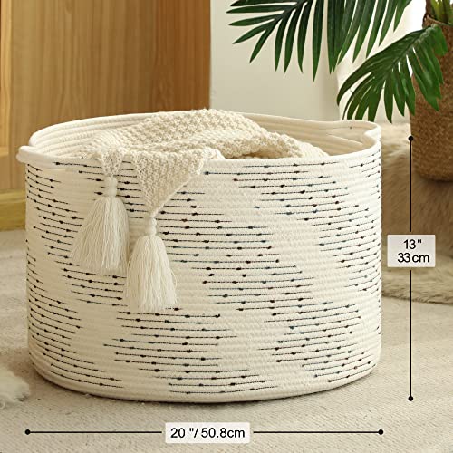 KAKAMAY Large Blanket Basket (20"x13"),Woven Baskets for storage Baby Laundry Hamper，Cotton Rope Blanket Basket for Living Room, Laundry, Nursery, Pillows, Off White with Blue & Brown Dotted Pattern - color: White Dot