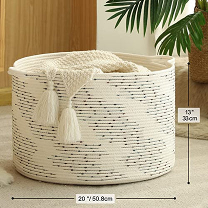 KAKAMAY Large Blanket Basket (20"x13"),Woven Baskets for storage Baby Laundry Hamper，Cotton Rope Blanket Basket for Living Room, Laundry, Nursery, Pillows, Off White with Blue & Brown Dotted Pattern - color: White Dot