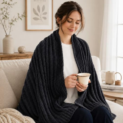 Battilo Black Throw Blanket for Couch, Soft Chenille Throw Blanket, 50"x60" - color: Black, size: 50"x60"