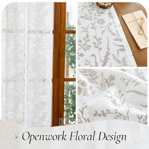 WUBODTI White Lace Semi Sheer Curtains Living Room 72 Inch Length 2 Panels - color: White Leaf, size: 52"W x 72"L (Pack of 2)