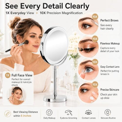 DEIOVWXS Makeup Mirror, Rechargeable Vanity Mirror with 3 Lights, 1X/10X - color: Chrome